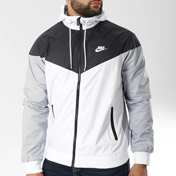 Nike Men's Sportswear Windbreaker Hooded Jacket White Black Grey Size Large - Picture 1 of 8
